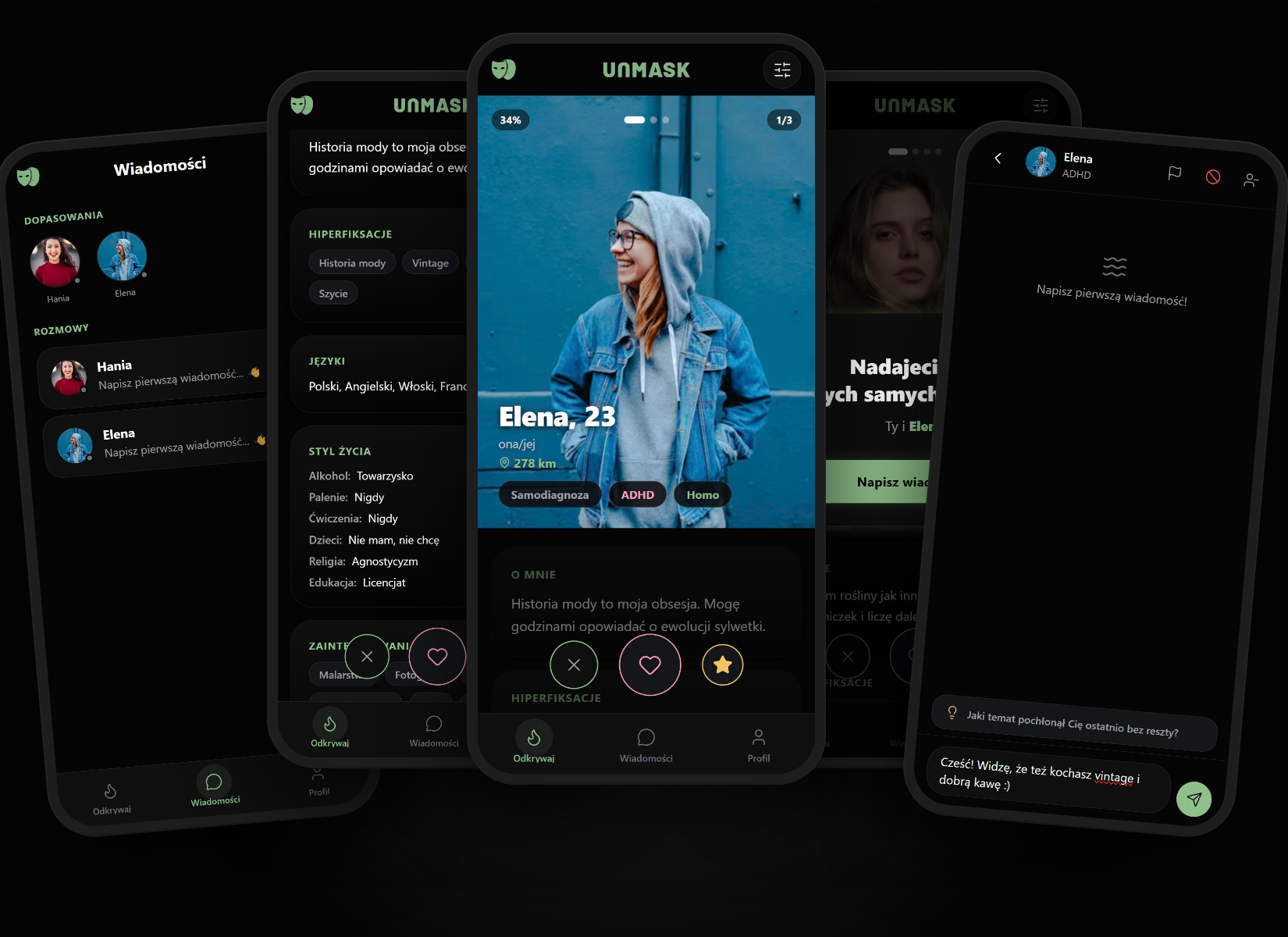 Unmask app screens: matches list, profile details, swipe feed, match screen and chat