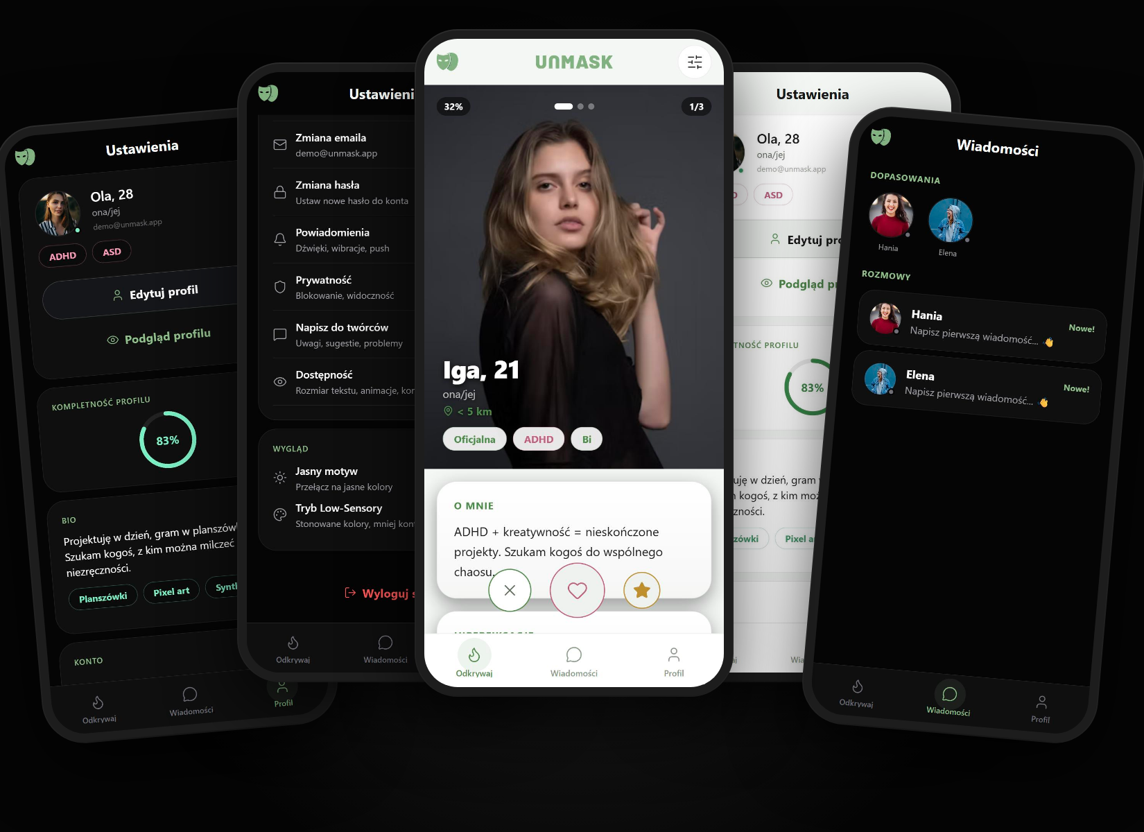 Unmask app screens: settings, appearance options and light theme